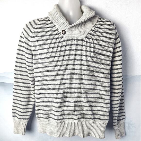 Nautica Chunky Knit Gray Striped Cotton Sweater | Men's Medium - Picture 1 of 7